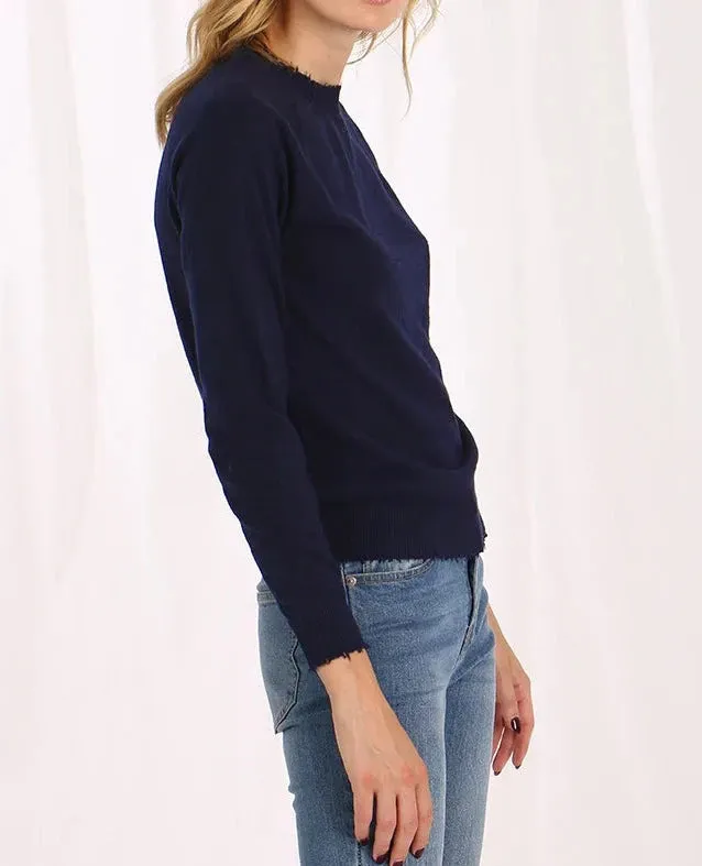 Minnie Rose Cashmere Long Sleeve Frayed Edge Crew