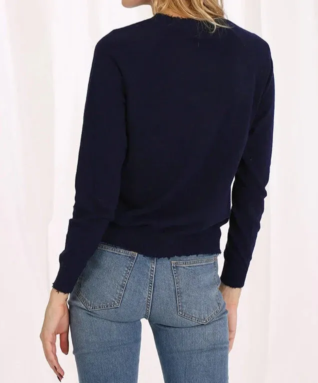 Minnie Rose Cashmere Long Sleeve Frayed Edge Crew