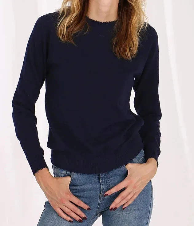 Minnie Rose Cashmere Long Sleeve Frayed Edge Crew