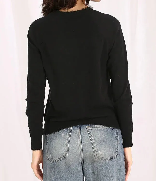 Minnie Rose Cashmere Long Sleeve Frayed Edge Crew