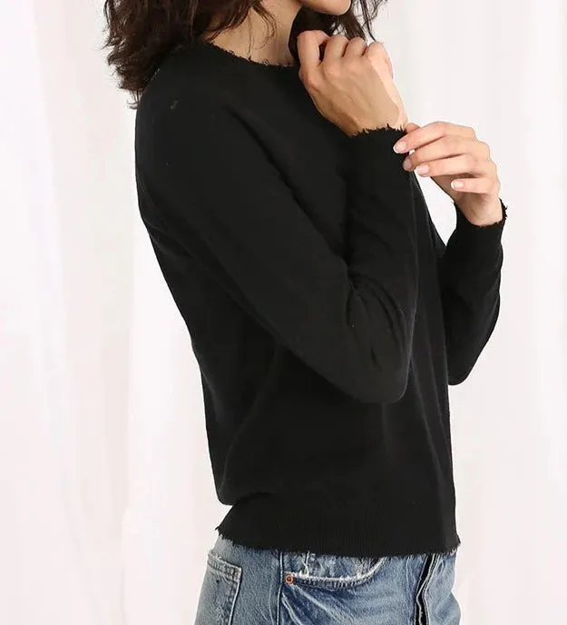 Minnie Rose Cashmere Long Sleeve Frayed Edge Crew