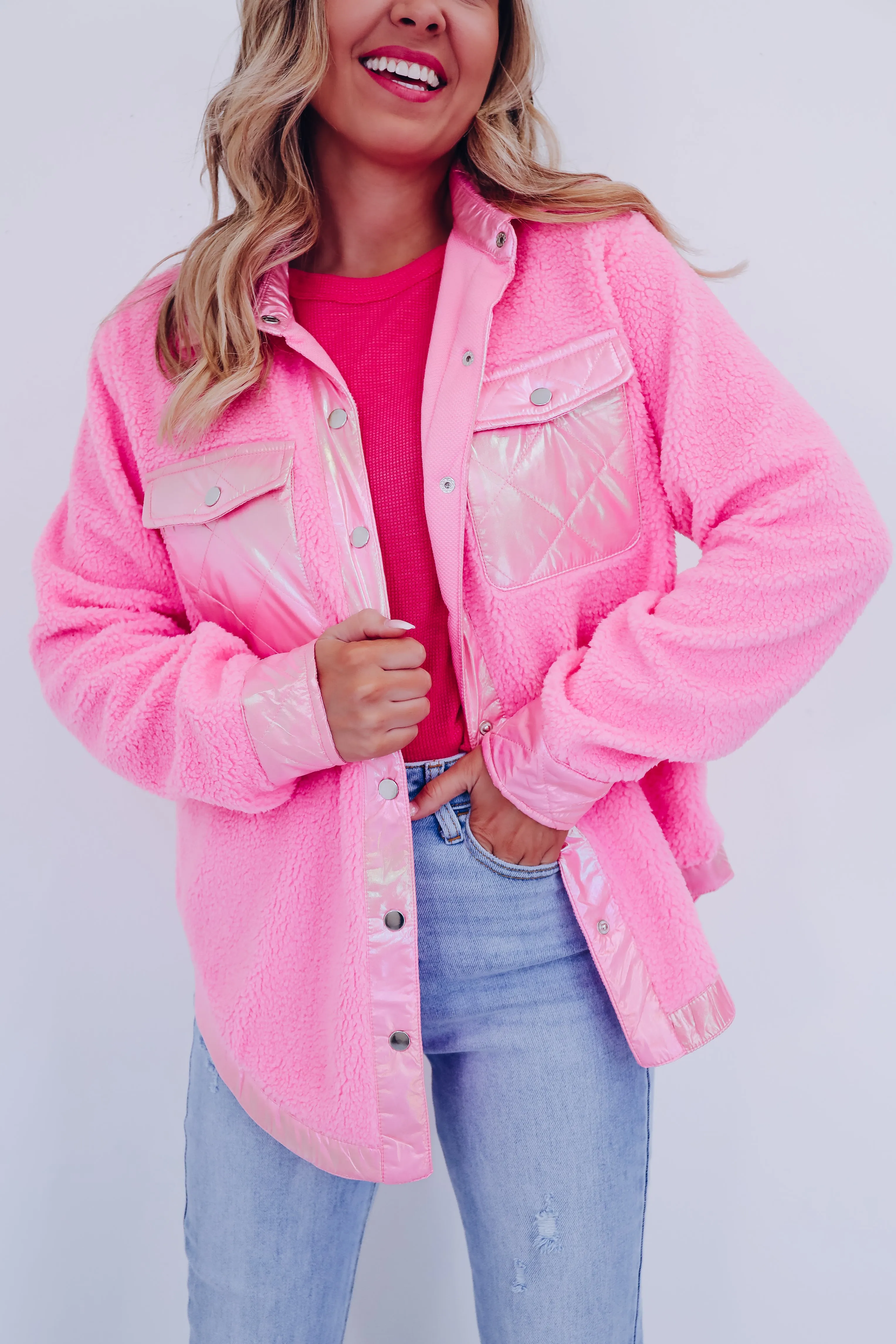 Mystic Metallic Sherpa  Shacket - Pink