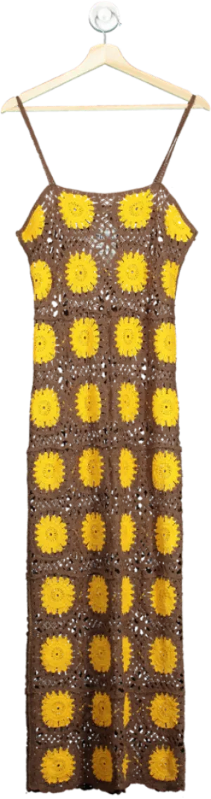 NA-KD Brown/Yellow Crochet Knitted Thin Strap Maxi Dress UK S/M