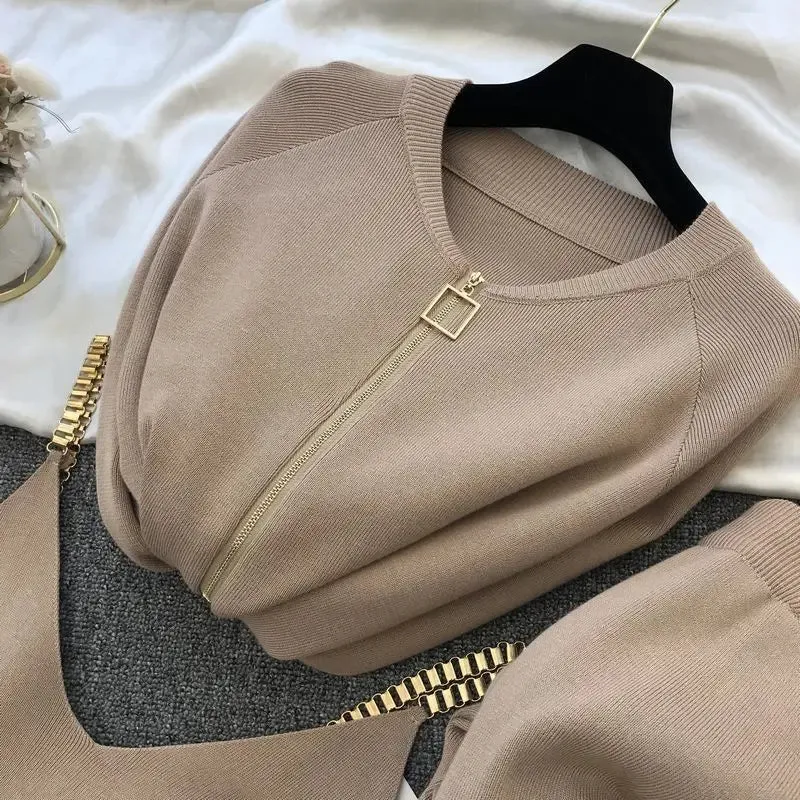 New Fall And Winter 3-Piece Knitted Pant Set Zipper Cardigan   Camisole   Pants Boutique Fashion Suit for Women Casual Tracksuit Set