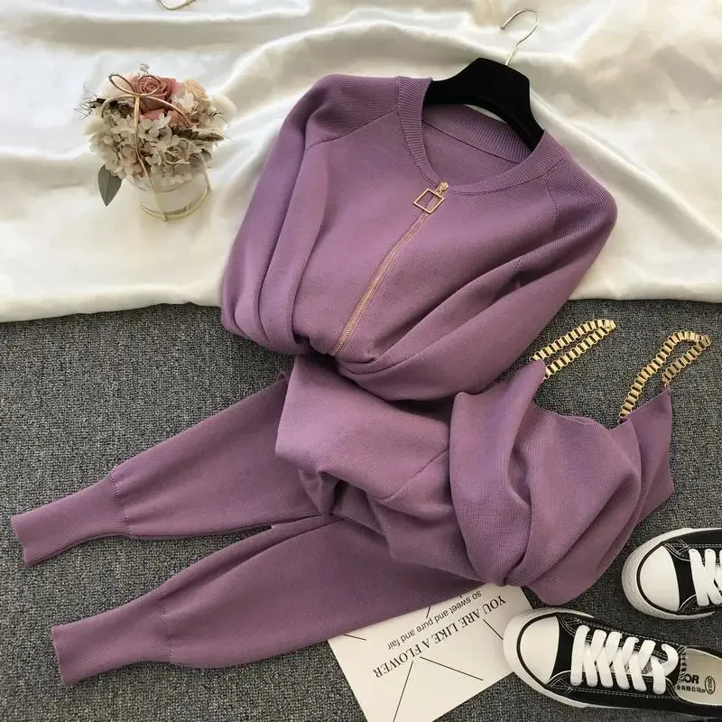 New Fall And Winter 3-Piece Knitted Pant Set Zipper Cardigan   Camisole   Pants Boutique Fashion Suit for Women Casual Tracksuit Set