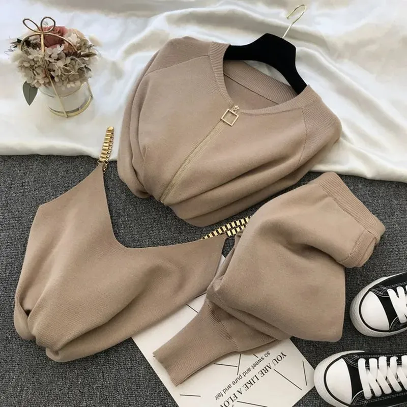 New Fall And Winter 3-Piece Knitted Pant Set Zipper Cardigan   Camisole   Pants Boutique Fashion Suit for Women Casual Tracksuit Set