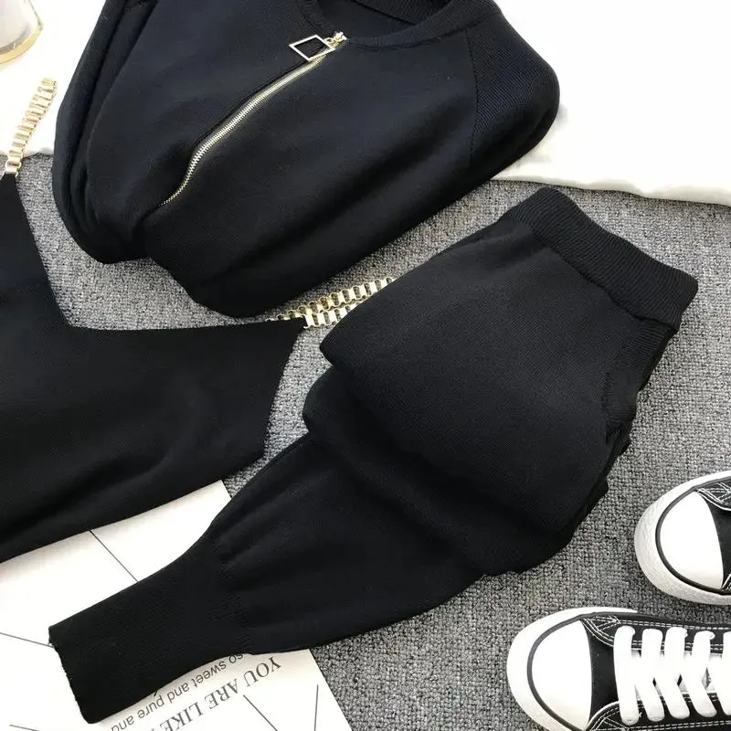 New Fall And Winter 3-Piece Knitted Pant Set Zipper Cardigan   Camisole   Pants Boutique Fashion Suit for Women Casual Tracksuit Set