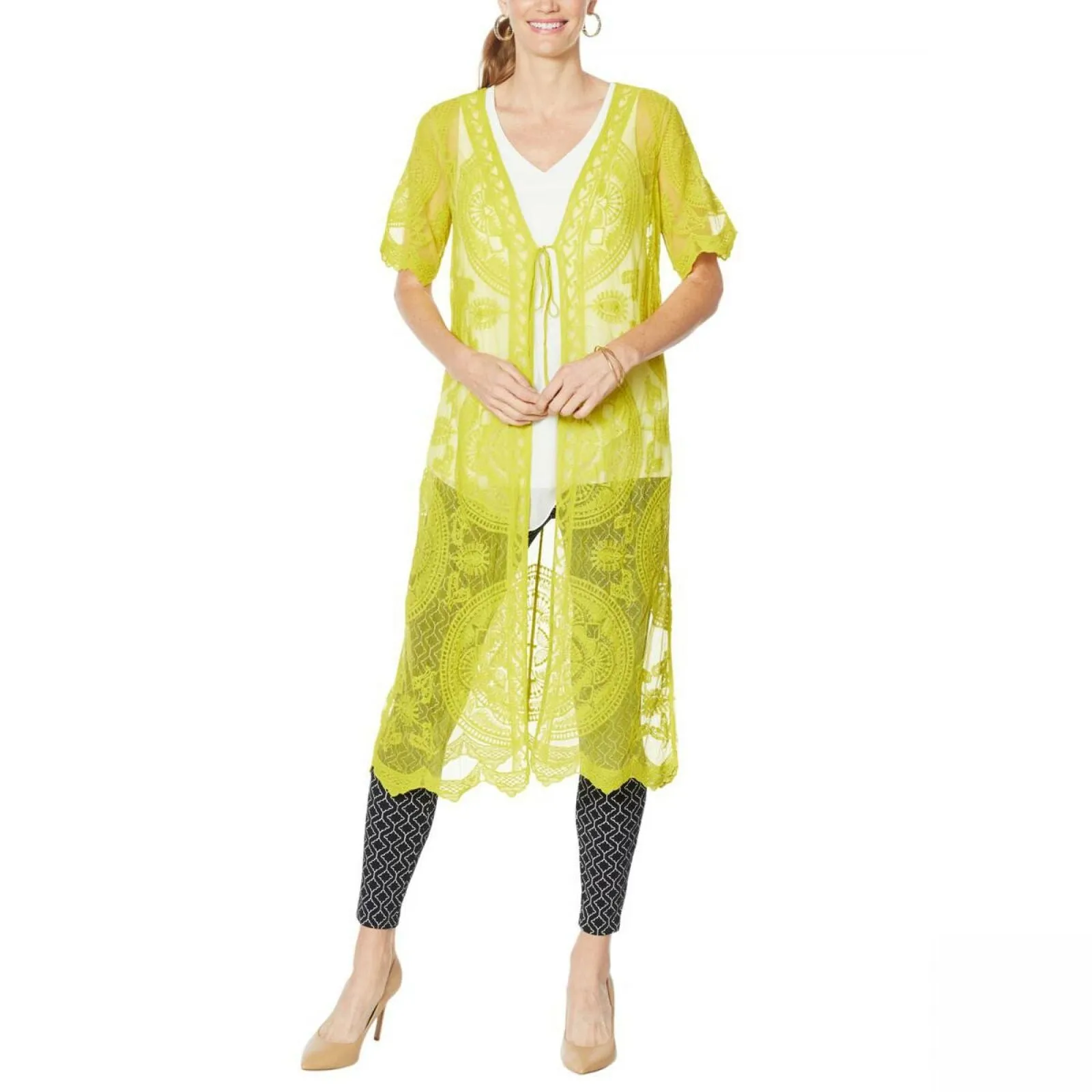 Nina Leonard Women's Embroidered Mesh Duster Topper