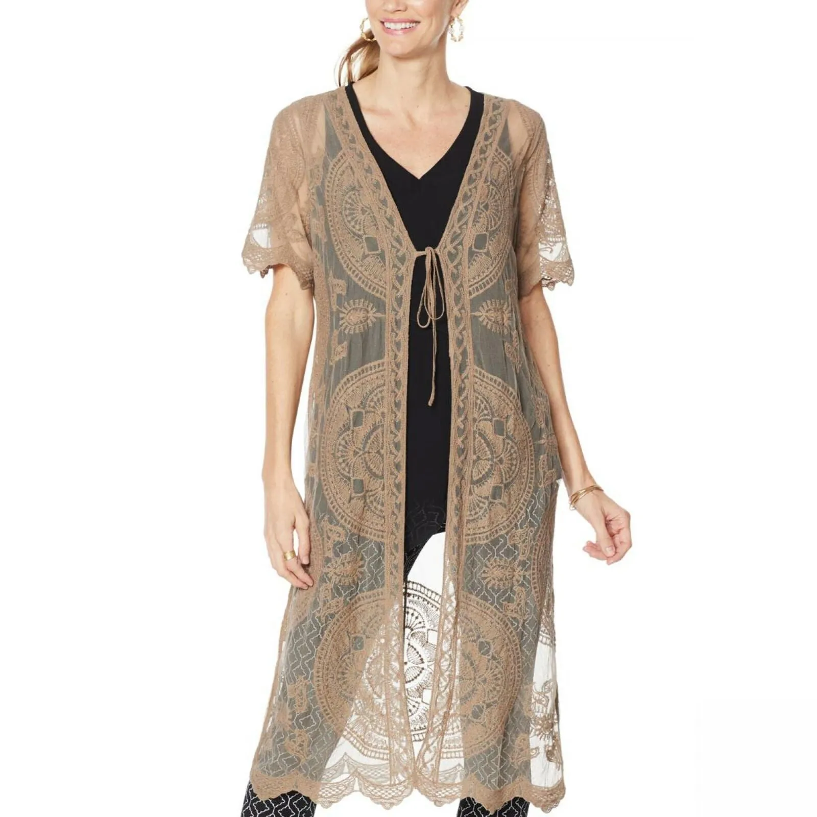 Nina Leonard Women's Embroidered Mesh Duster Topper
