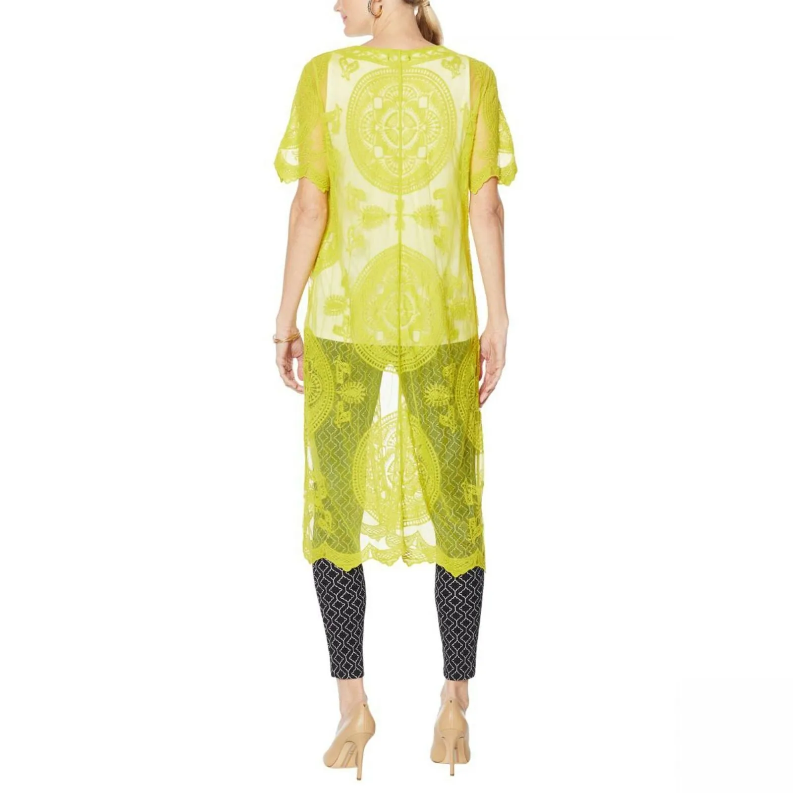 Nina Leonard Women's Embroidered Mesh Duster Topper