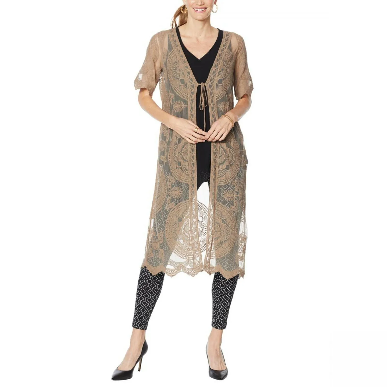 Nina Leonard Women's Embroidered Mesh Duster Topper