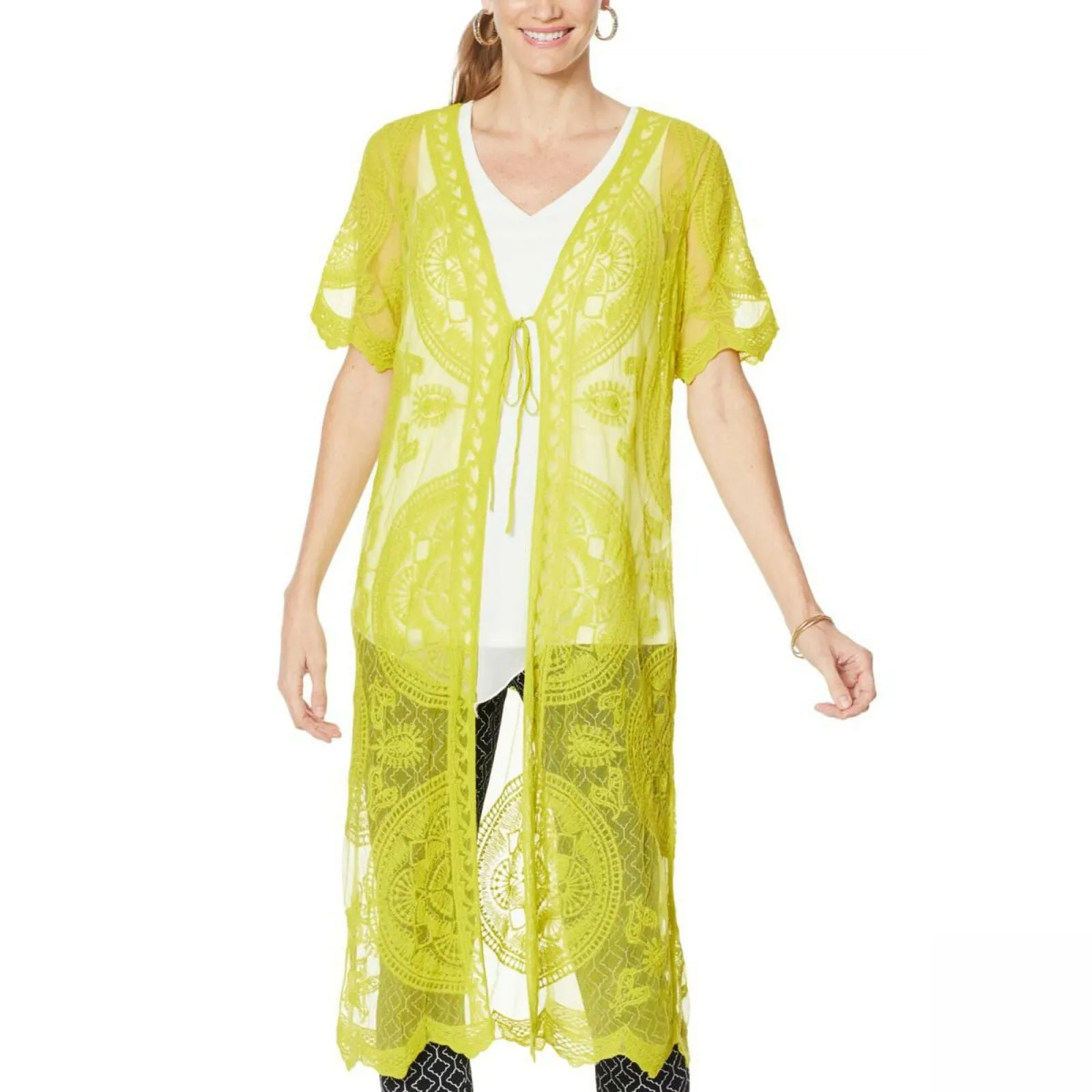 Nina Leonard Women's Embroidered Mesh Duster Topper