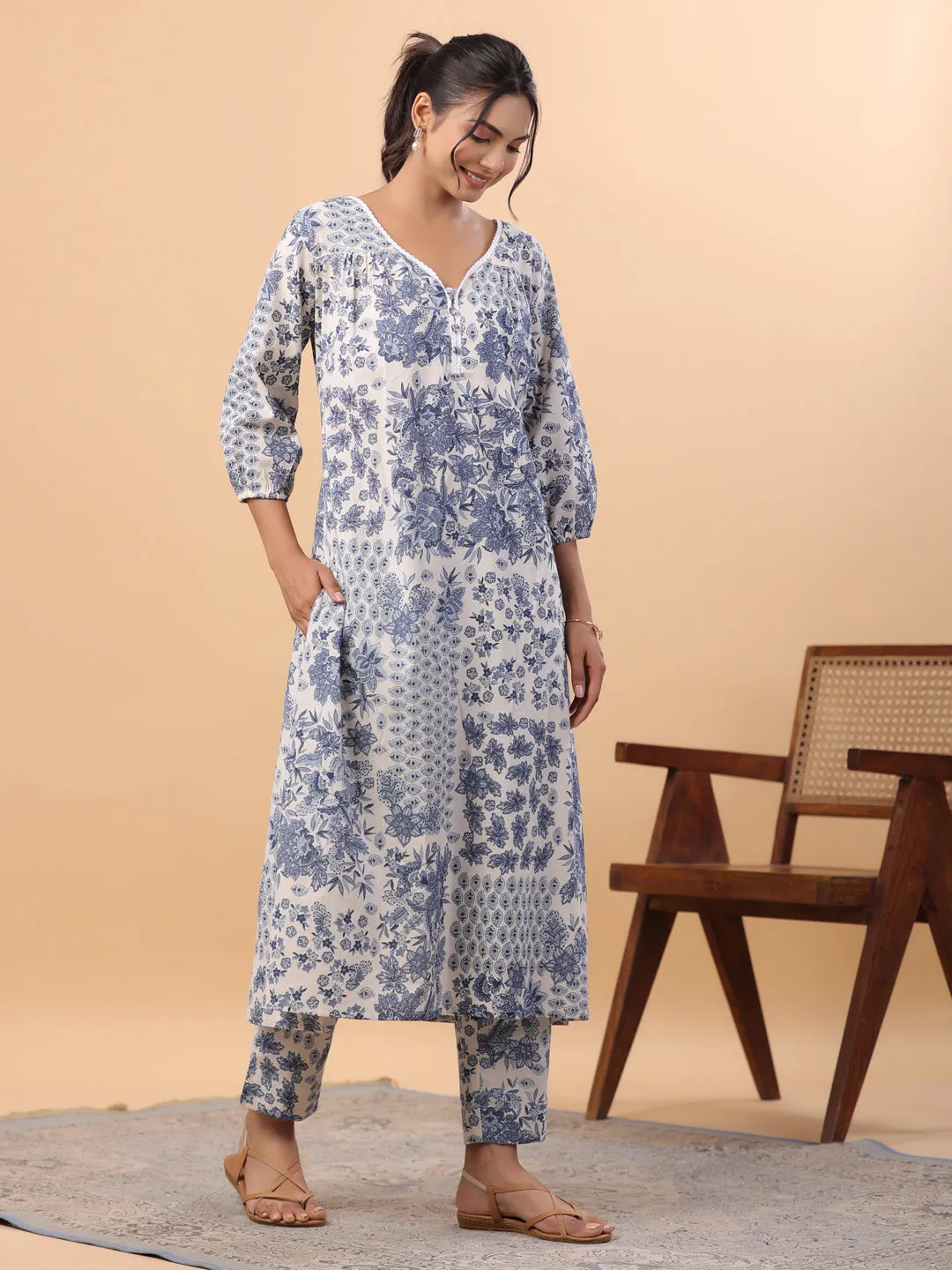 Off White Cotton Tropical Regular Kurta Set