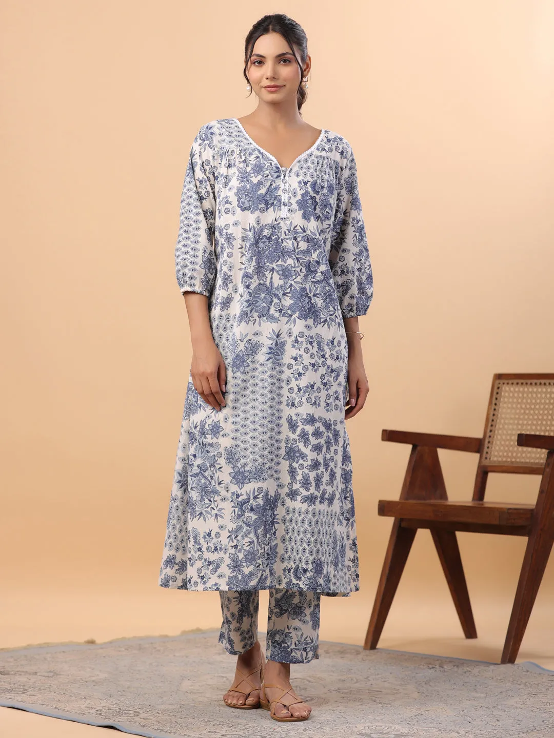 Off White Cotton Tropical Regular Kurta Set