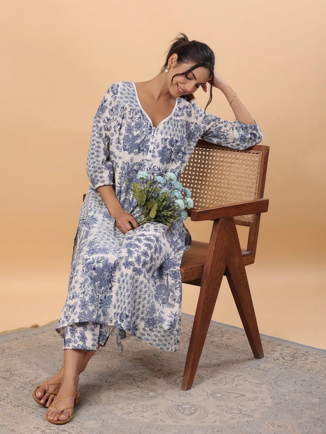Off White Cotton Tropical Regular Kurta Set