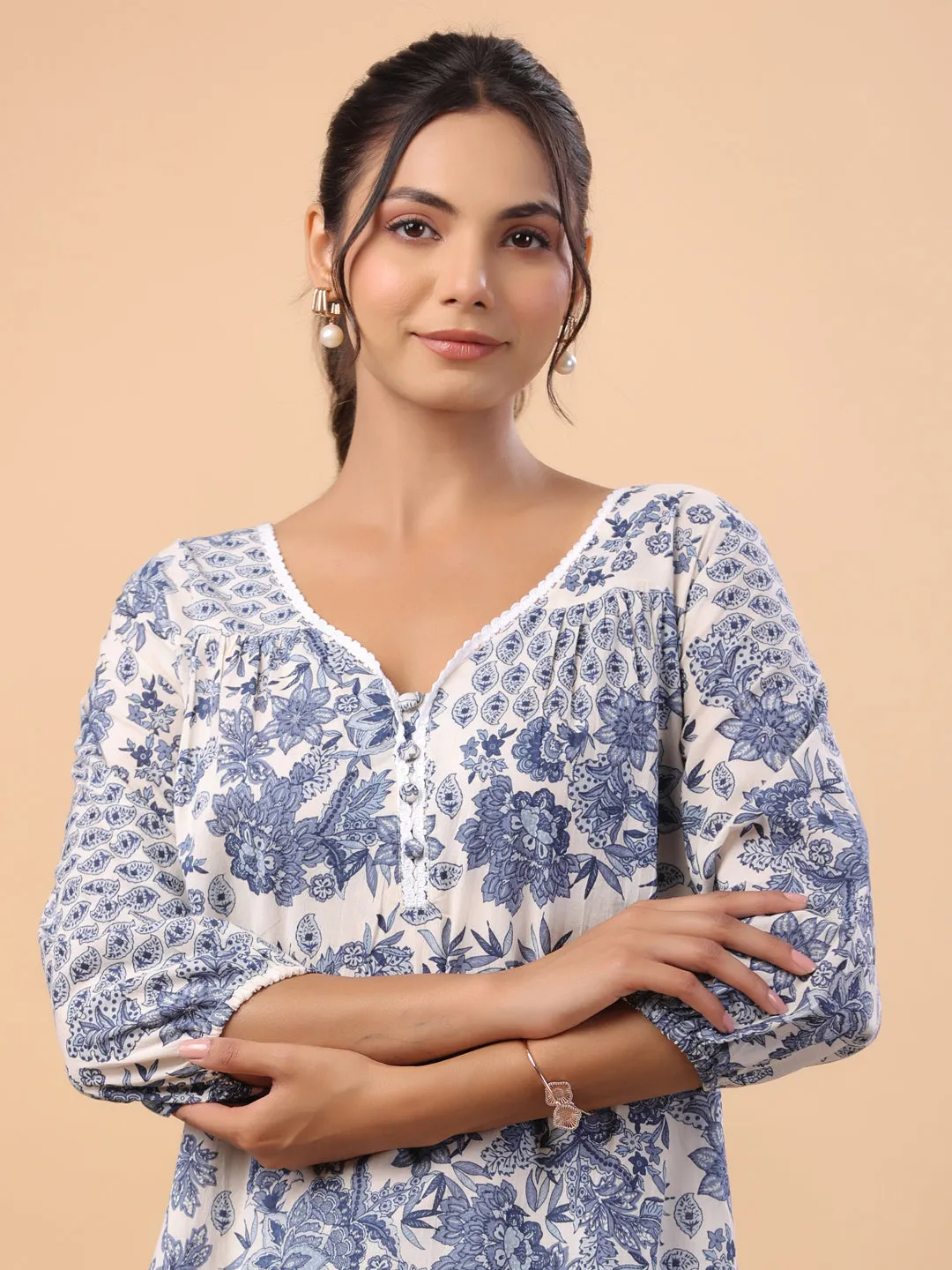 Off White Cotton Tropical Regular Kurta Set