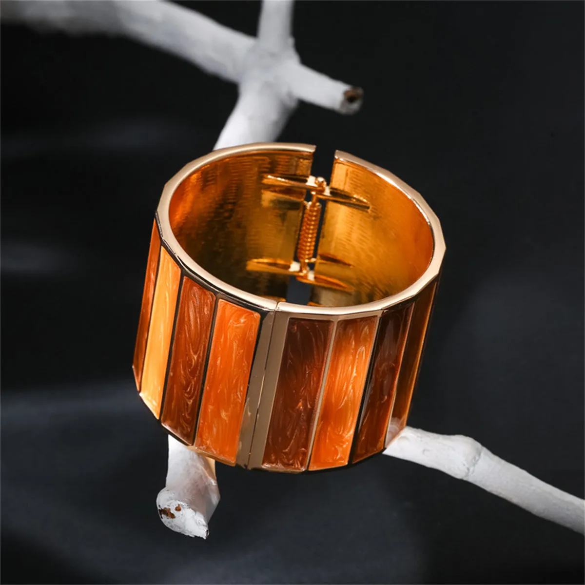 Orange Enamel & 18K Gold-Plated Stripped Bangle