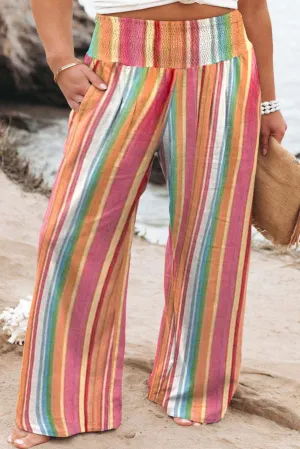 Orange Stripe Plus Size Boho Smocked Waist Loose Pants