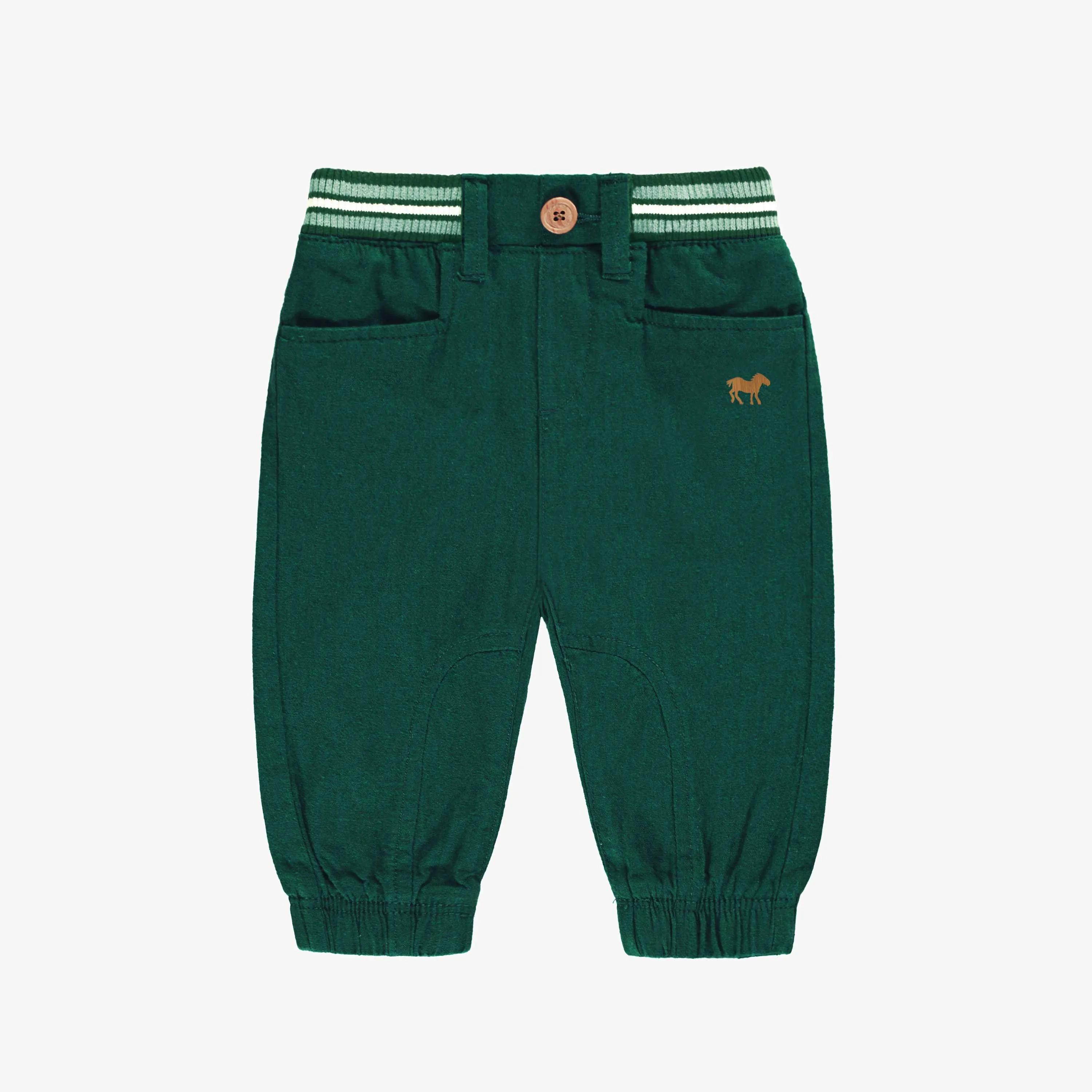 Pantalon vert en lin et coton avec découpes équestres, bébé || Green pants in linen and cotton with cut-outs, baby