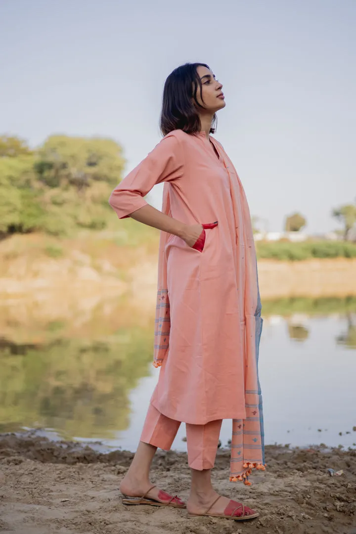 Peach Cotton Kurta set with Jaamdani Dupatta