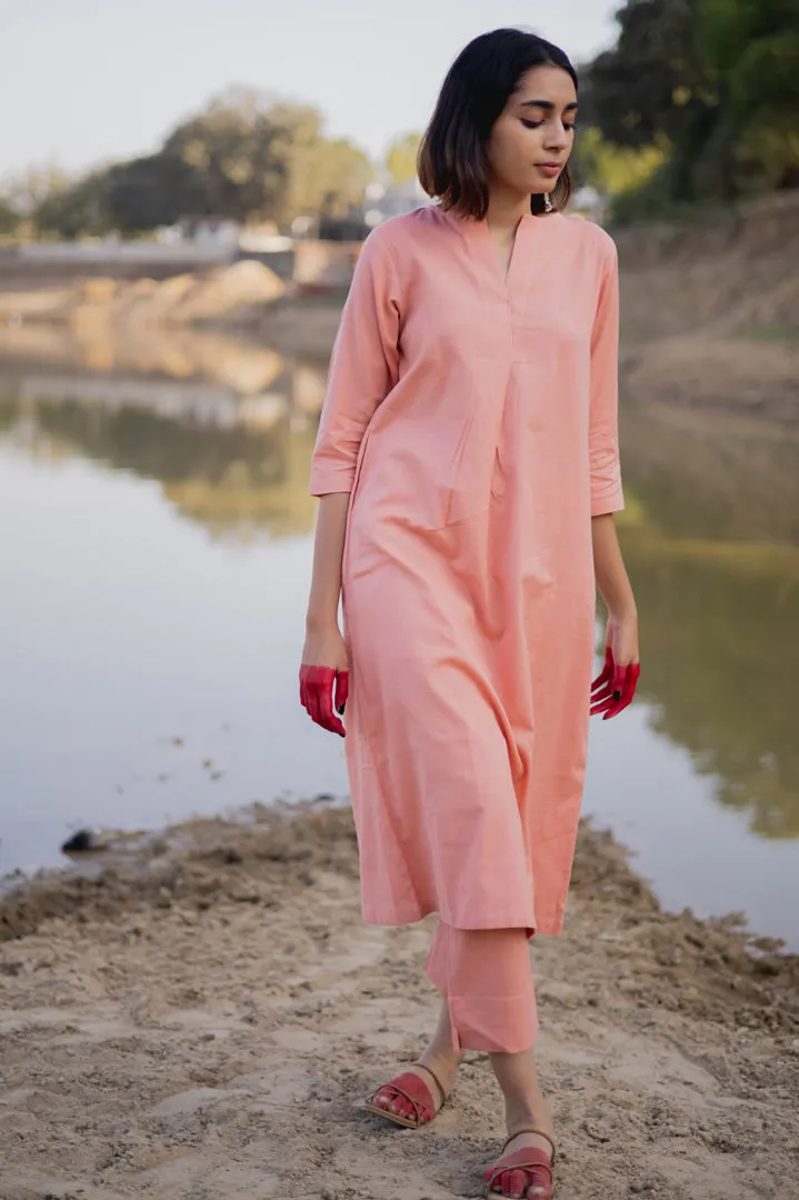 Peach Cotton Kurta set with Jaamdani Dupatta