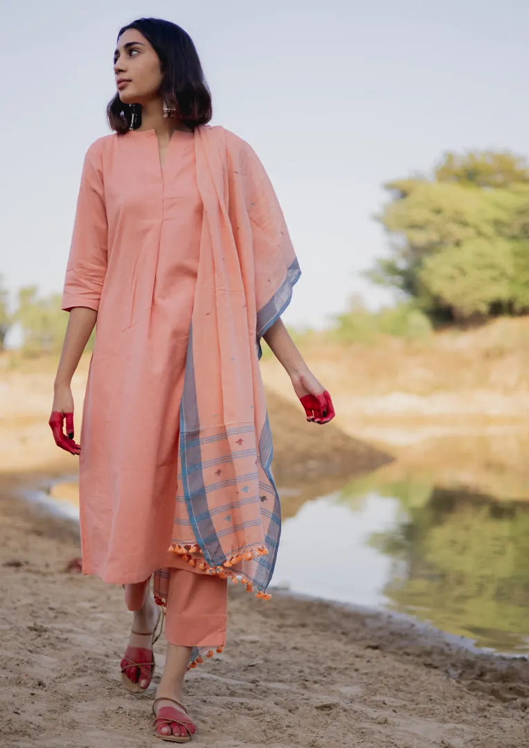 Peach Cotton Kurta set with Jaamdani Dupatta