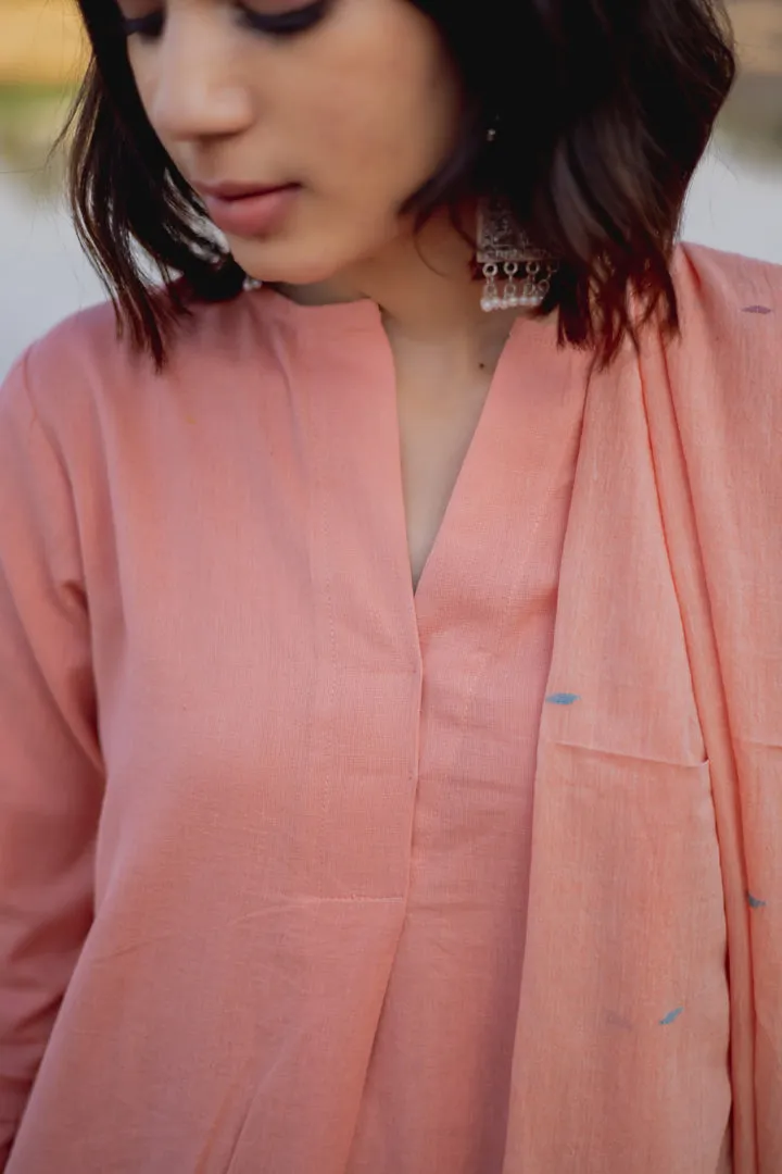 Peach Cotton Kurta set with Jaamdani Dupatta