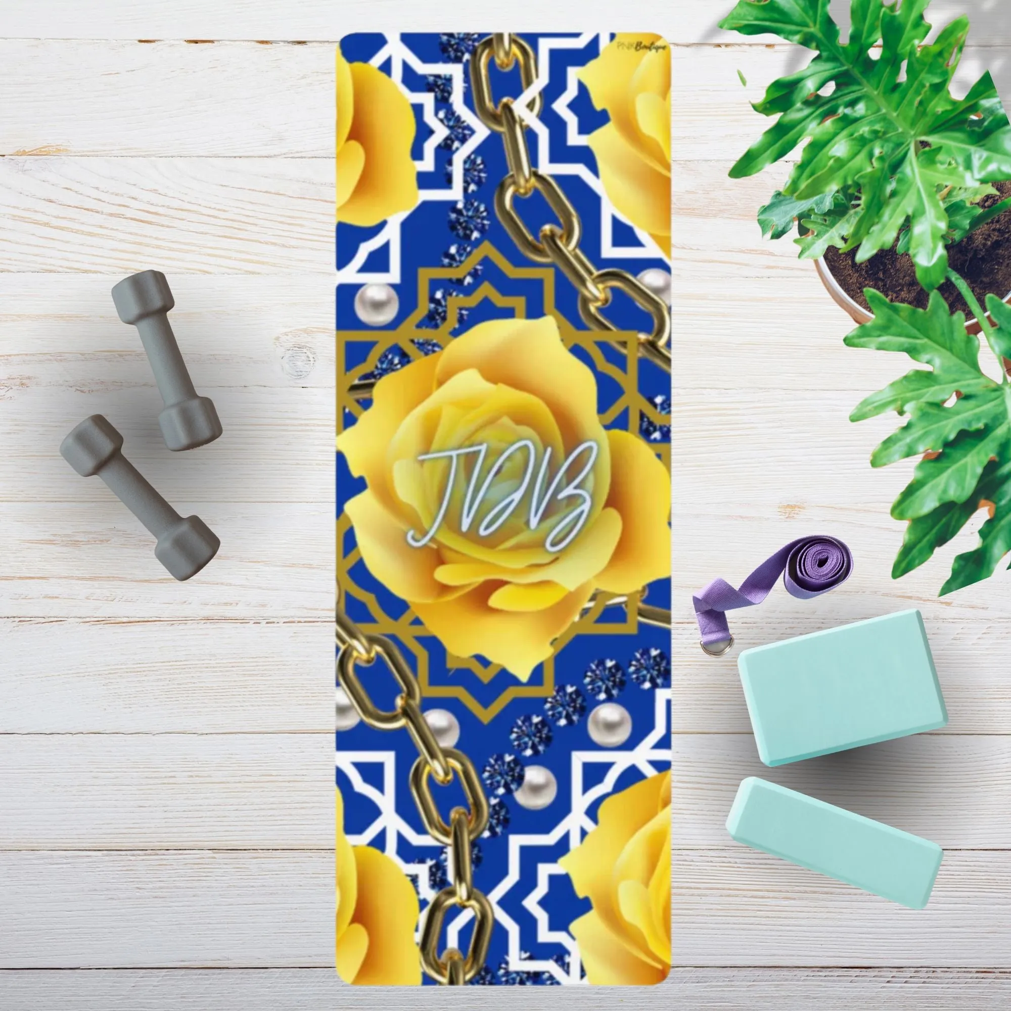 Personalized Blue and Gold Rubber Yoga Mat