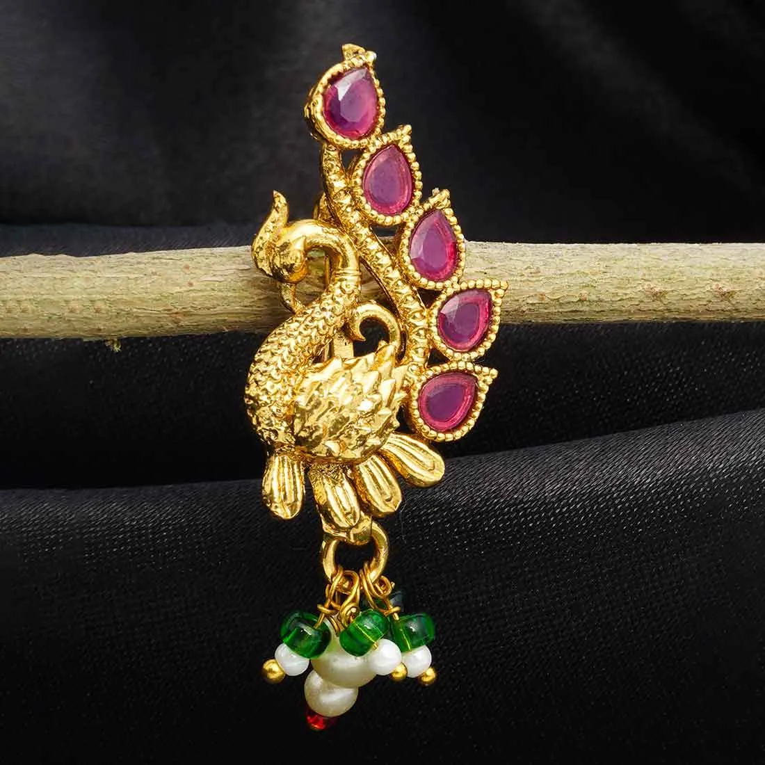 Pink Crystal Studded Peacock Nath