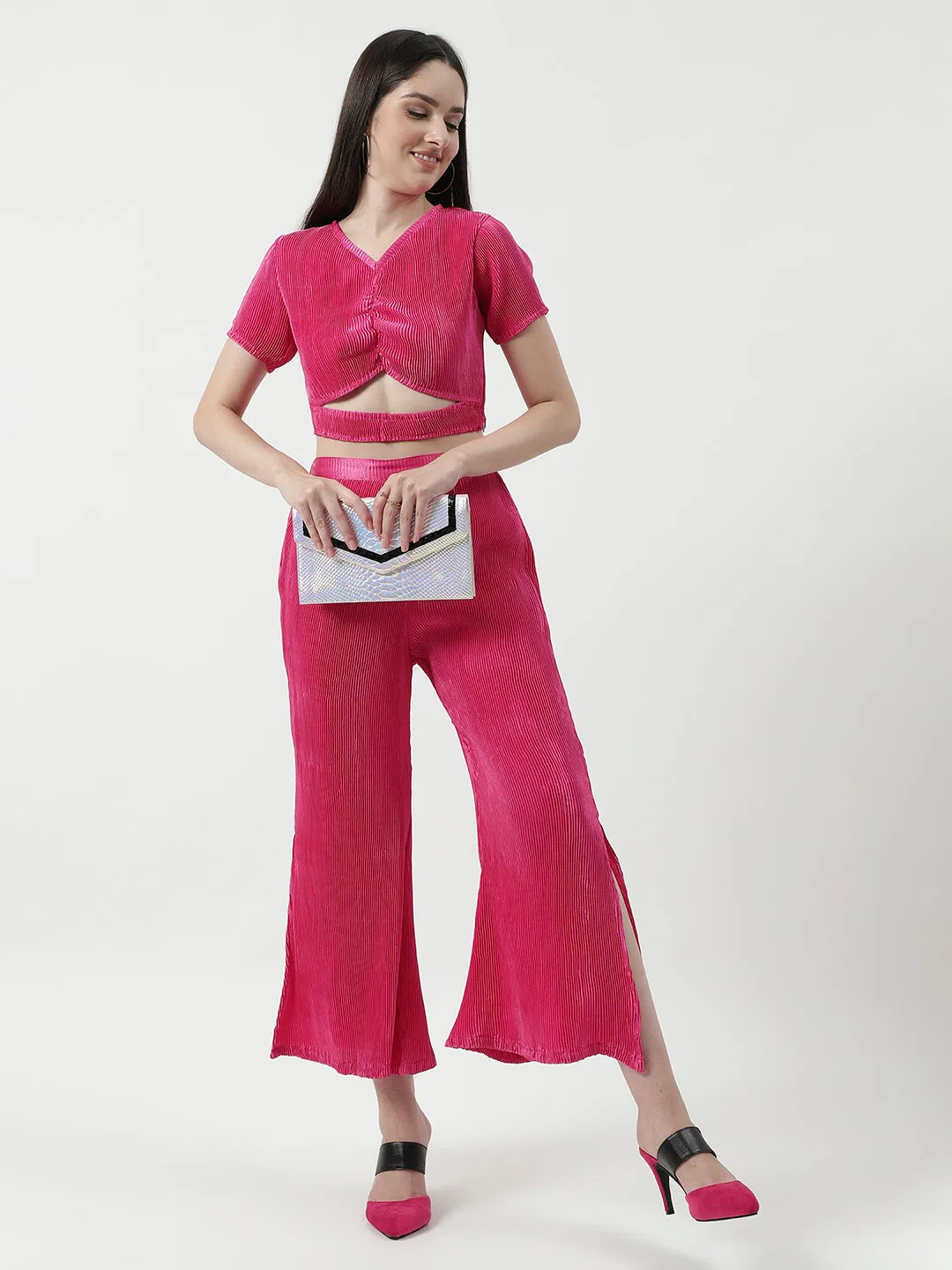 Pleated Cut-Out Crop Top With Matching Pant Set