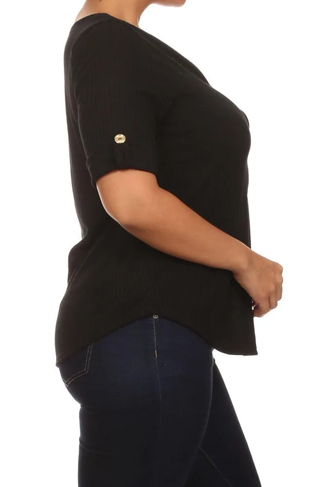 Plus Size Trendy Zipper Collar Ribbed Black Top