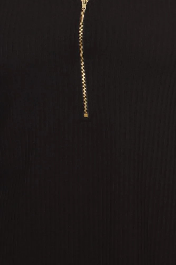 Plus Size Trendy Zipper Collar Ribbed Black Top