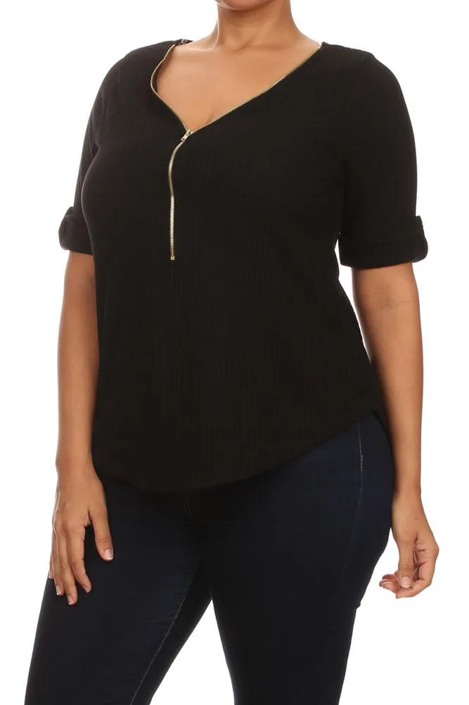 Plus Size Trendy Zipper Collar Ribbed Black Top