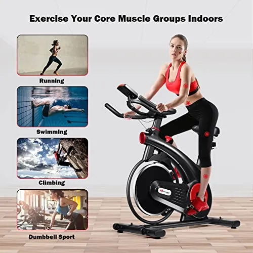 PowerMax Fitness Steel B-S2 Exercise Spin Bike with Flywheel, 14 kg, Saddle Adjustment and Adjustable Foot Strap for Home Workout, Black