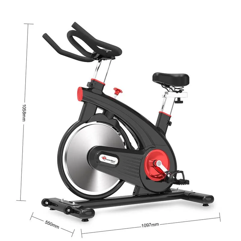 PowerMax Fitness Steel B-S2 Exercise Spin Bike with Flywheel, 14 kg, Saddle Adjustment and Adjustable Foot Strap for Home Workout, Black
