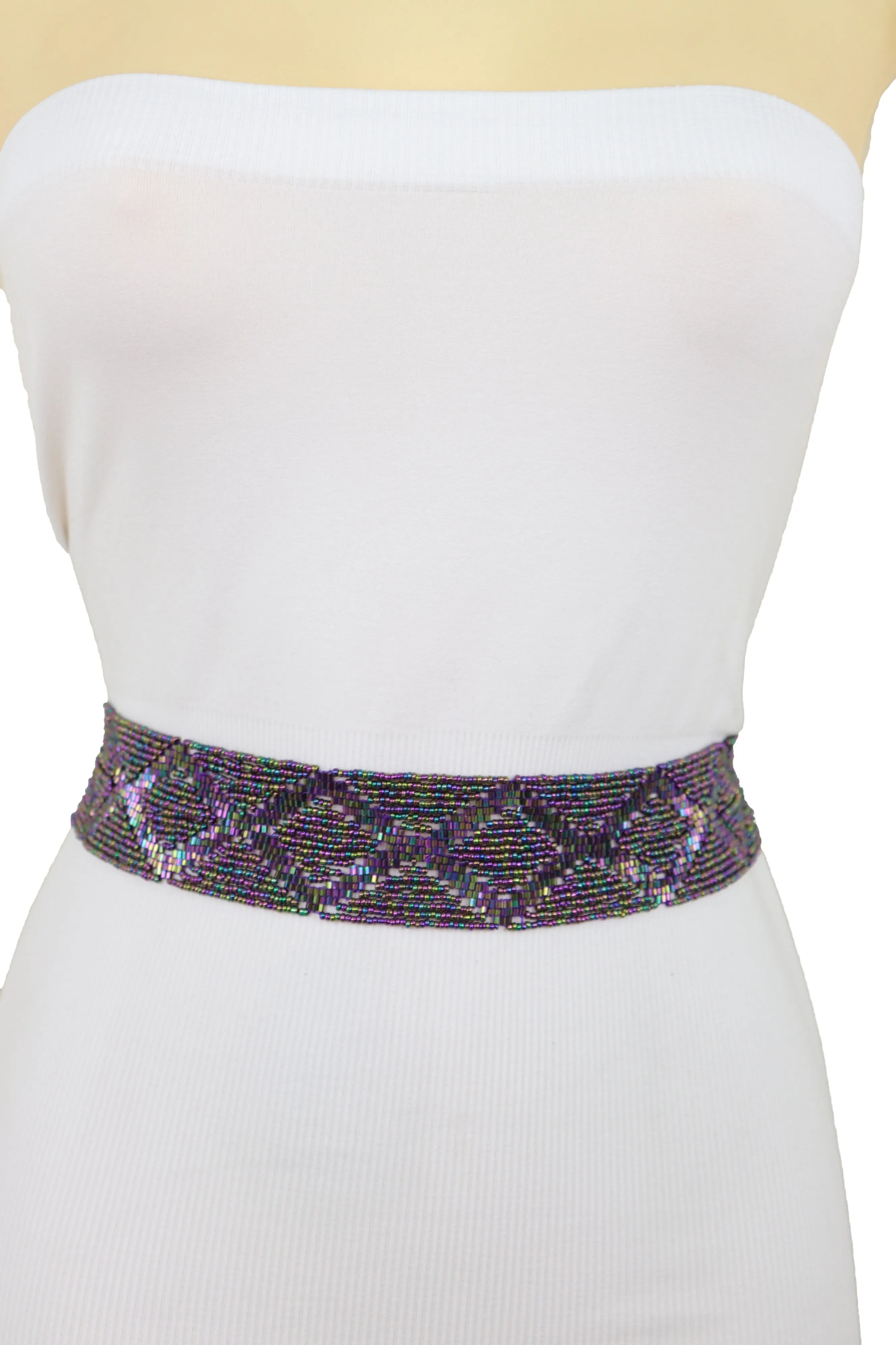 Purple Beads Wrap Around Tie Geometric Fashion Belt Hip Waist Fit Size S M