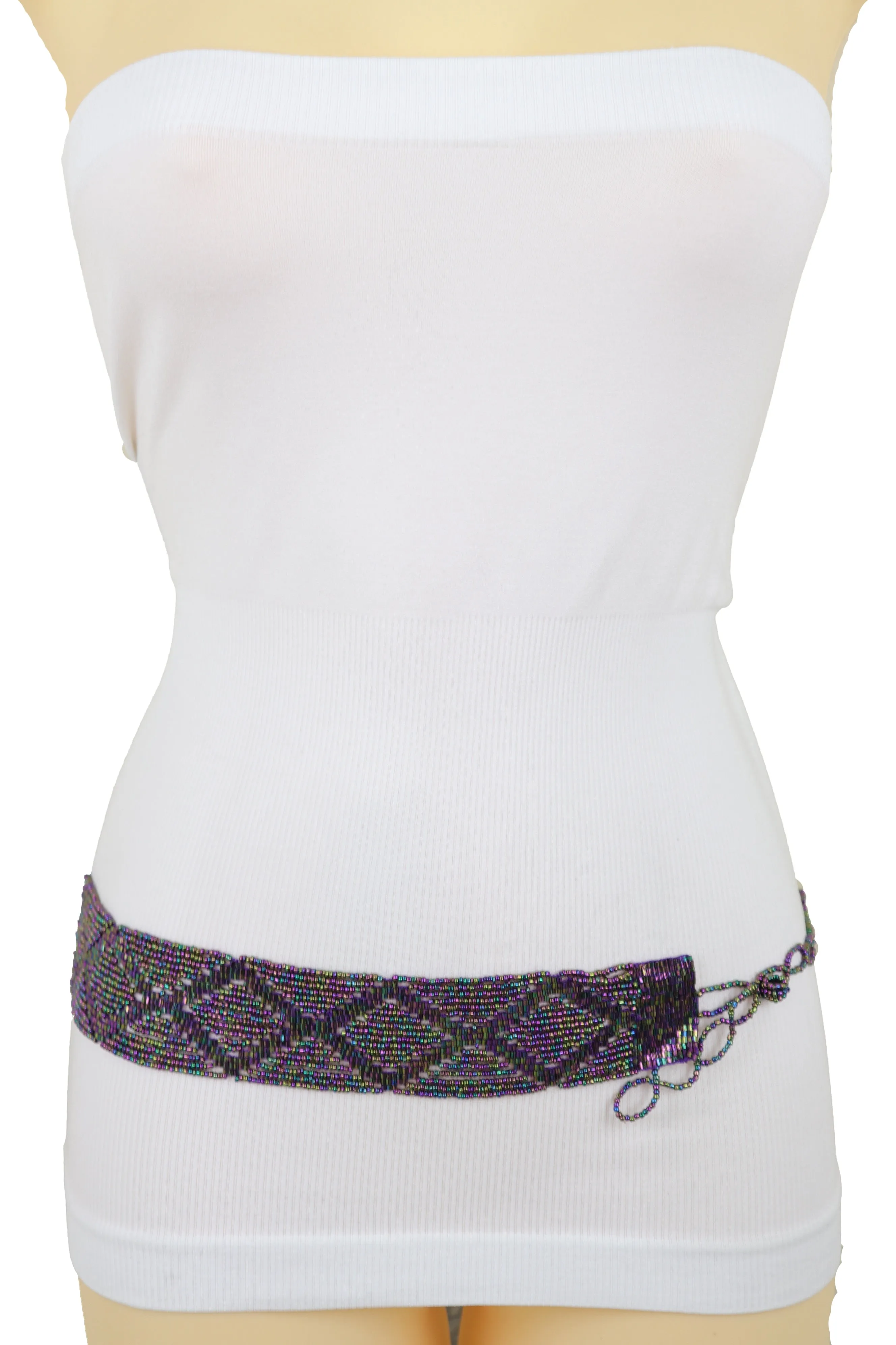 Purple Beads Wrap Around Tie Geometric Fashion Belt Hip Waist Fit Size S M