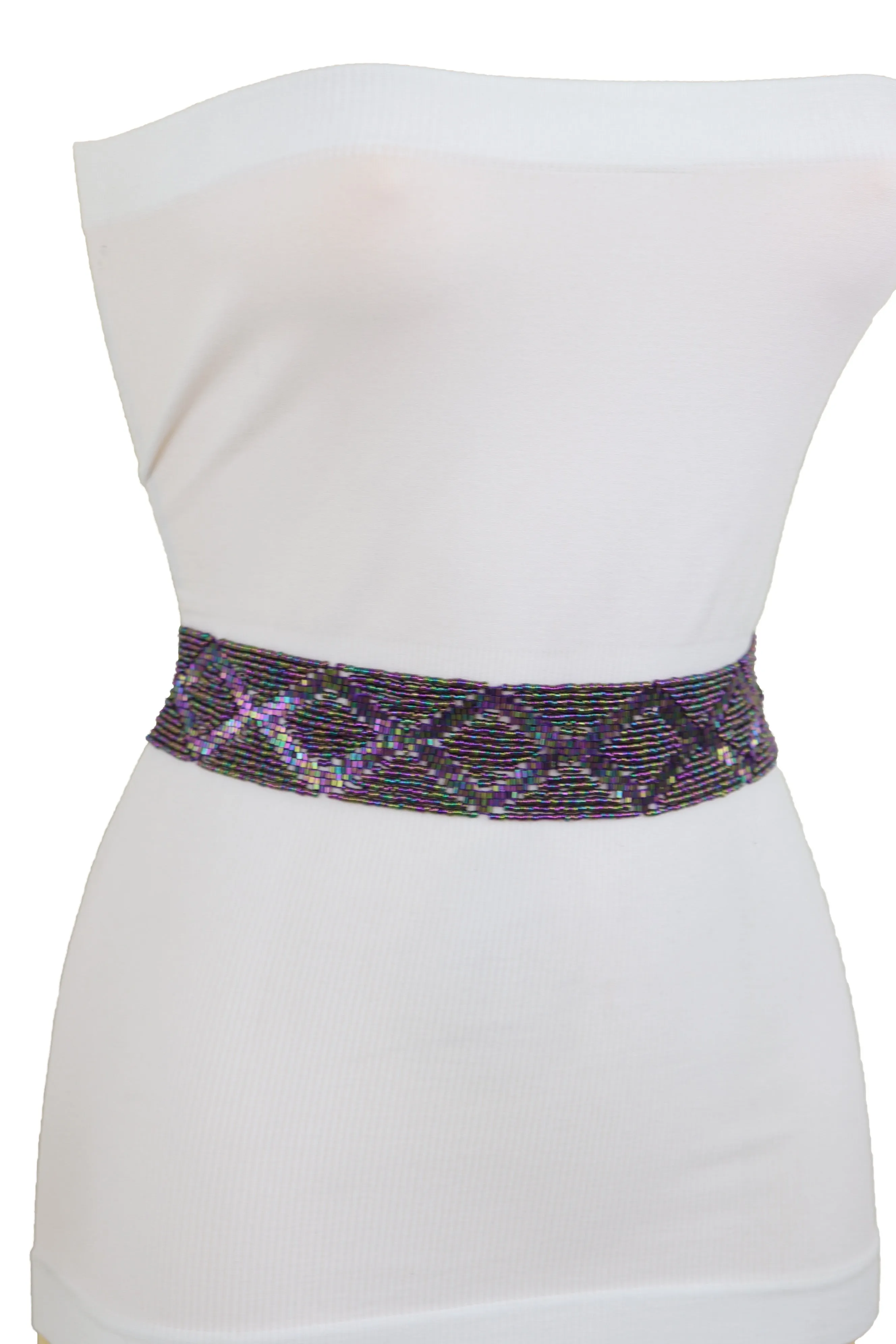 Purple Beads Wrap Around Tie Geometric Fashion Belt Hip Waist Fit Size S M
