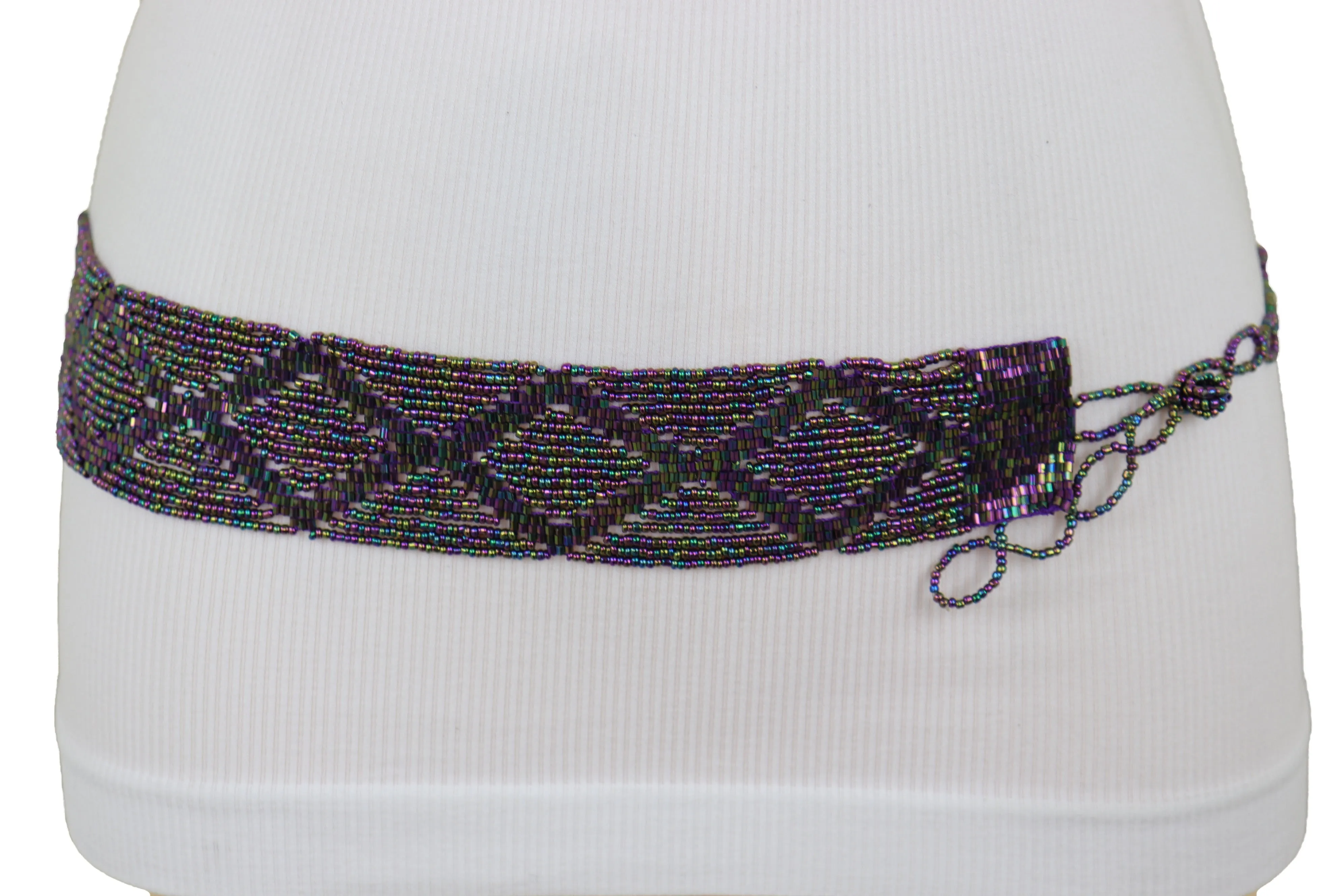 Purple Beads Wrap Around Tie Geometric Fashion Belt Hip Waist Fit Size S M