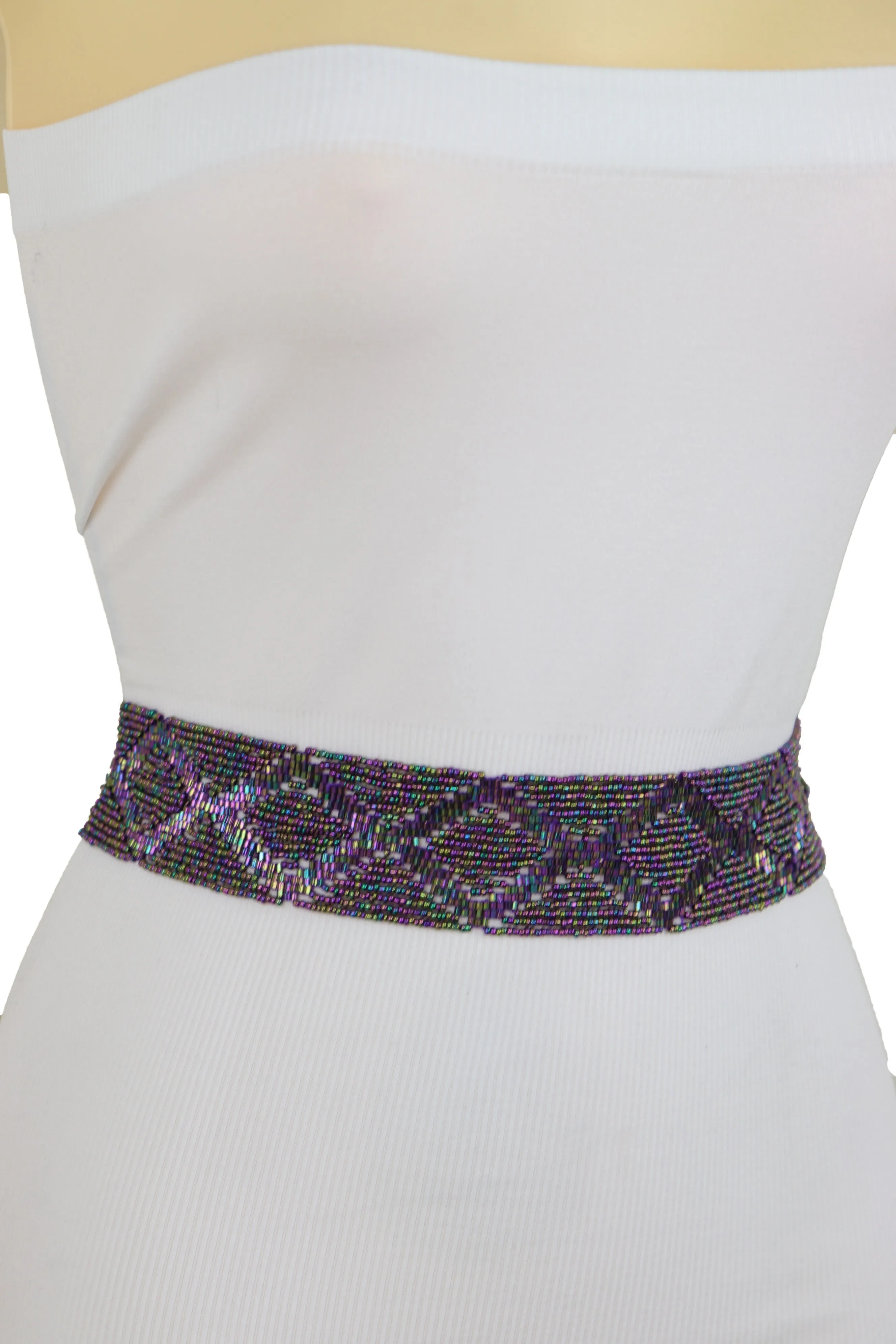 Purple Beads Wrap Around Tie Geometric Fashion Belt Hip Waist Fit Size S M