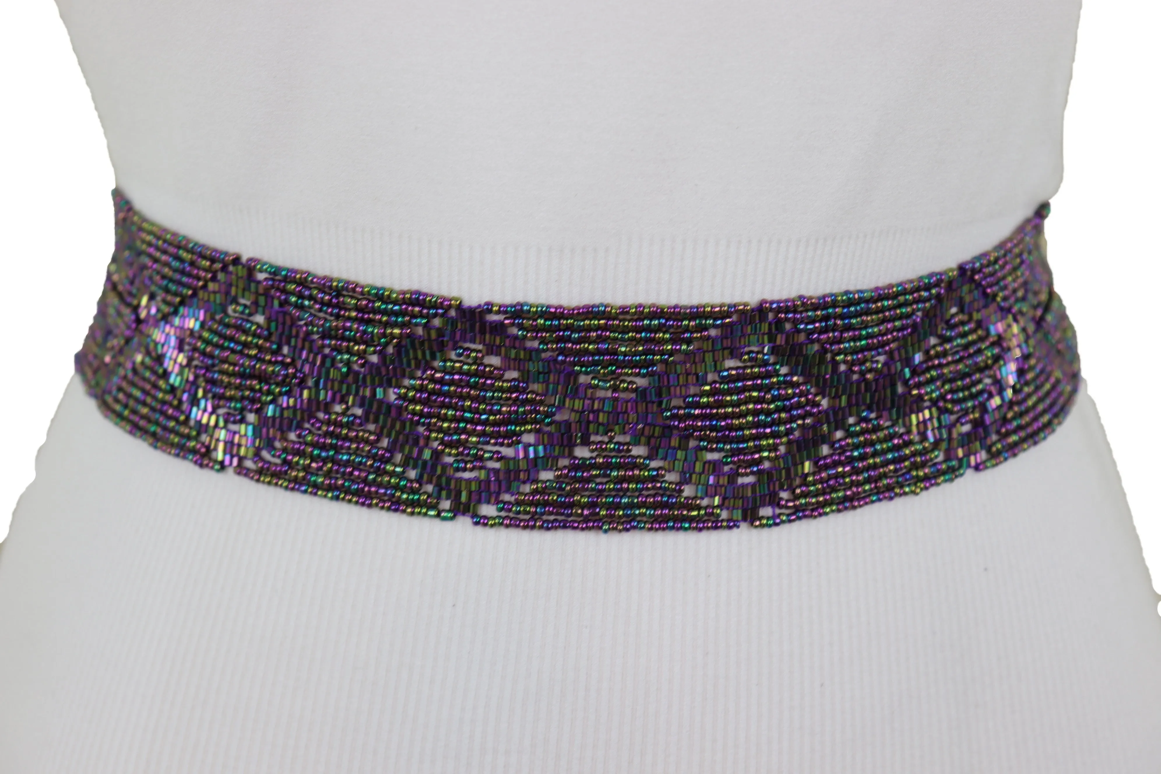 Purple Beads Wrap Around Tie Geometric Fashion Belt Hip Waist Fit Size S M