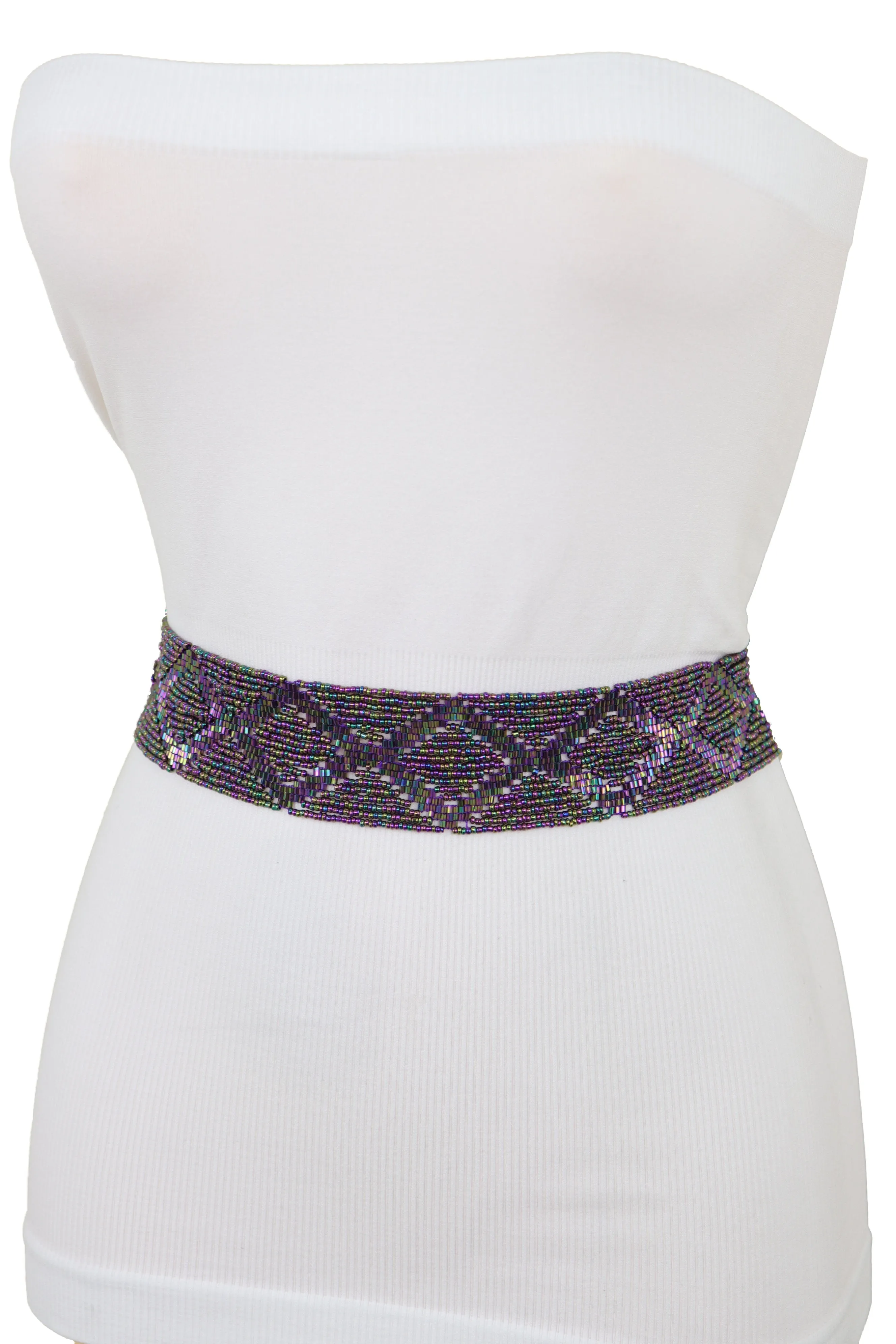 Purple Beads Wrap Around Tie Geometric Fashion Belt Hip Waist Fit Size S M