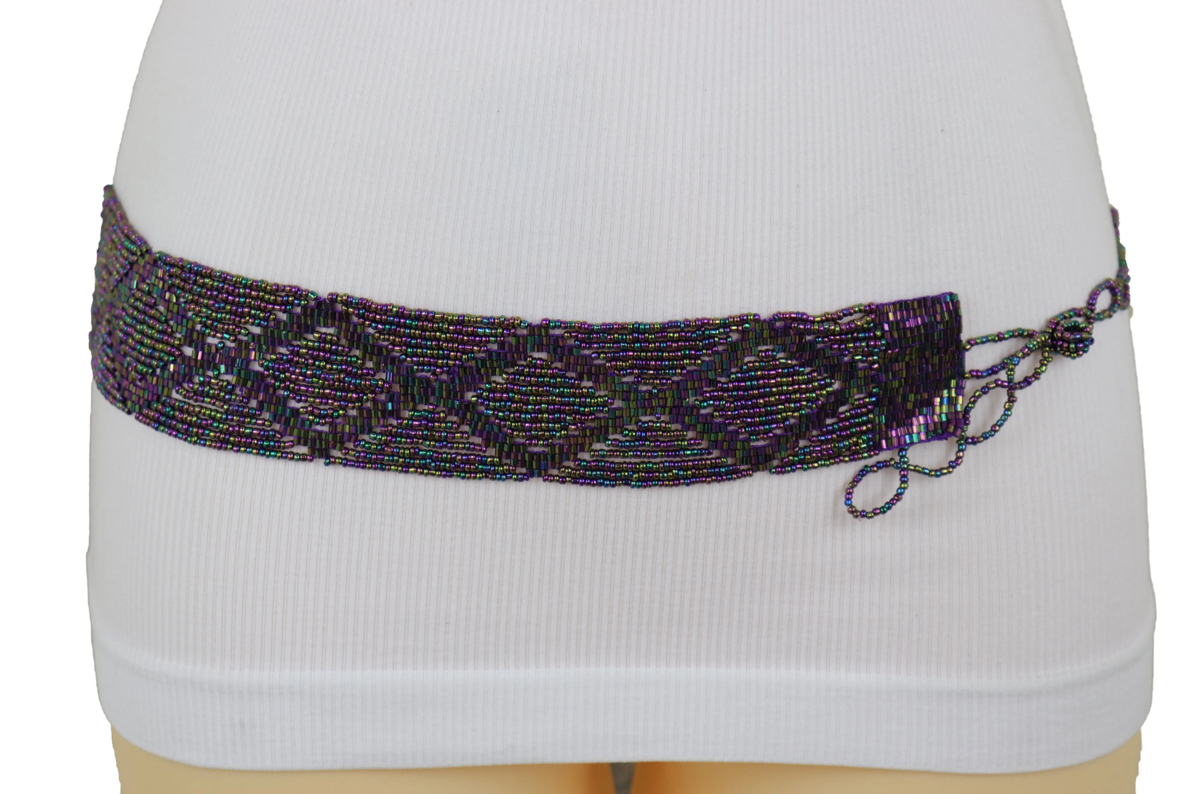 Purple Beads Wrap Around Tie Geometric Fashion Belt Hip Waist Fit Size S M