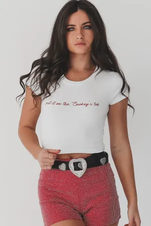 Put It On The Cowboys Tab Graphic Short Sleeve Babydoll Cropped Tee