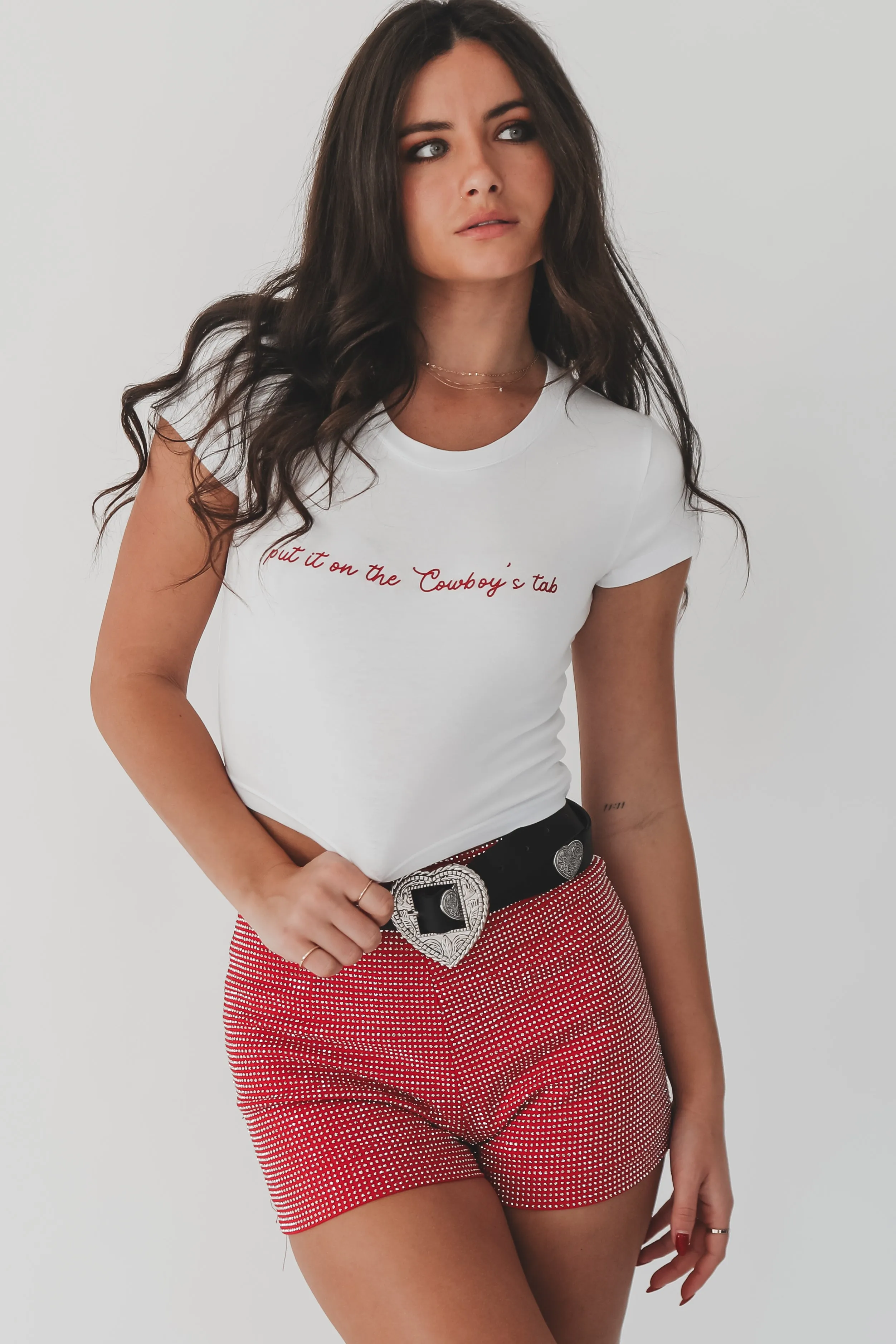 Put It On The Cowboys Tab Graphic Short Sleeve Babydoll Cropped Tee