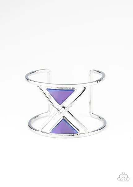 "Pyramid Palace" Silver Metal Modern Triangle Blue Acrylic Cuff Bracelet