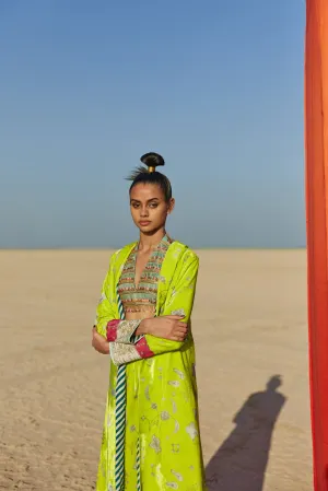 Raji Ramniq   I   Lime Printed Silk Velvet Jacket Co-Ord Set Bustier We-111