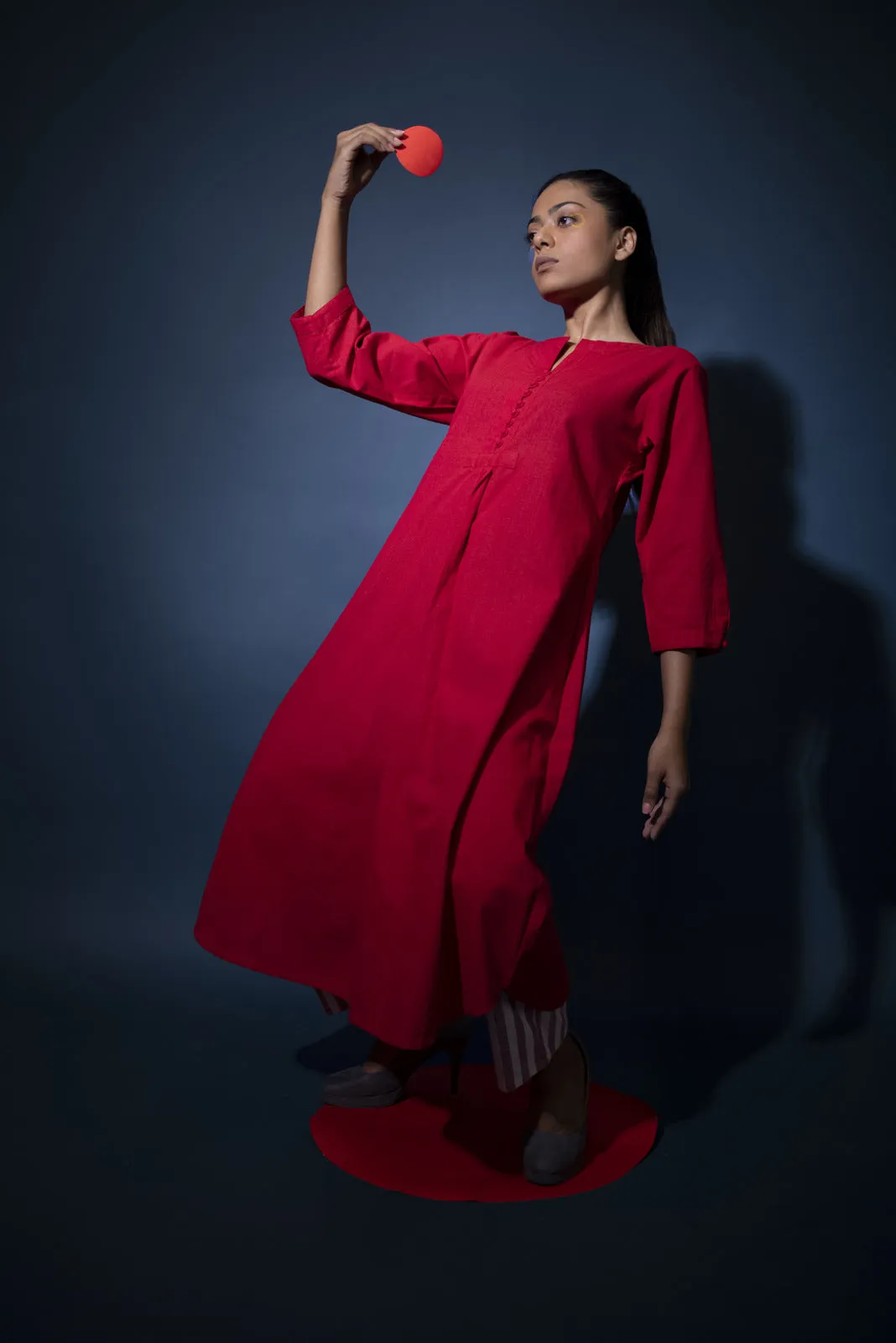 Red Kurta and Striped pants set
