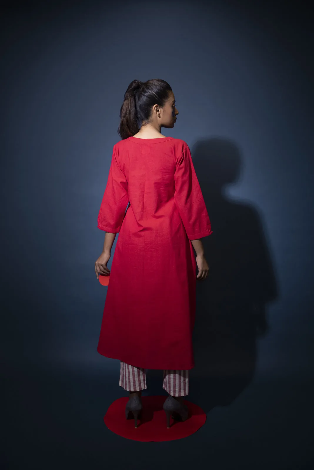 Red Kurta and Striped pants set