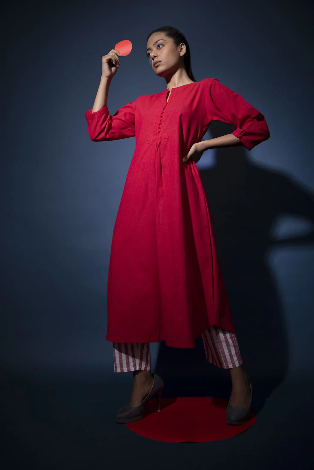 Red Kurta and Striped pants set